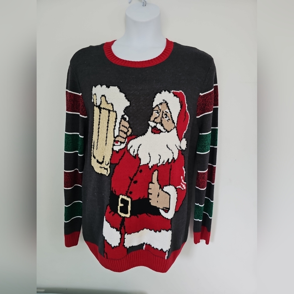 Ugly Christmas Sweater Santa with Beer Design Size XL Crew Neck Long Sleeve